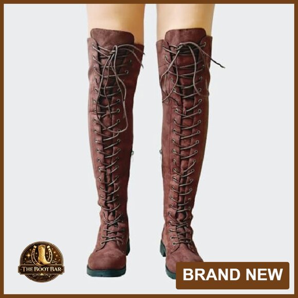 Women's Lace Up Over The Knee Boots Low Heel Combat Style Fall Winter - Picture 7 of 8